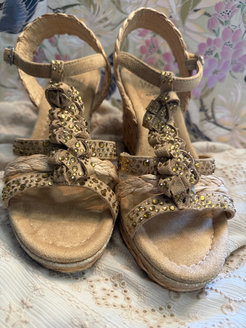 Impo Taupe Braided Studded rhinestone Wedge Sandals
